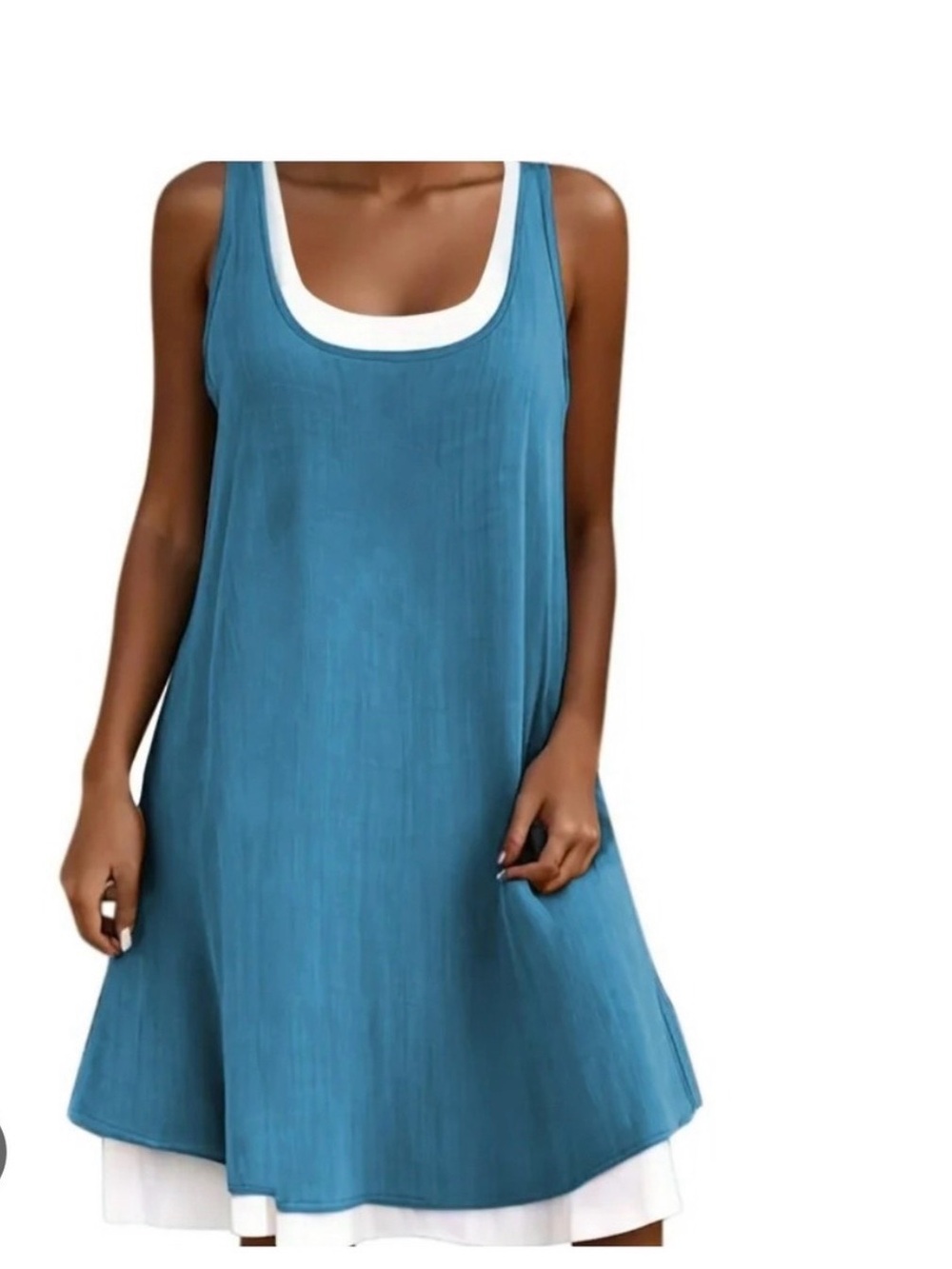 Sleeveless Denim Blue Midi Layered Look Dress with White Accent
